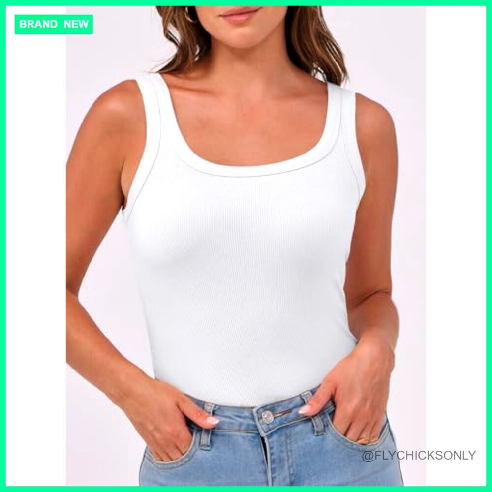Sleeveless Scoop Neck Ribbed Tank Top Fitted Slim Summer Basic - Picture 2 of 7
